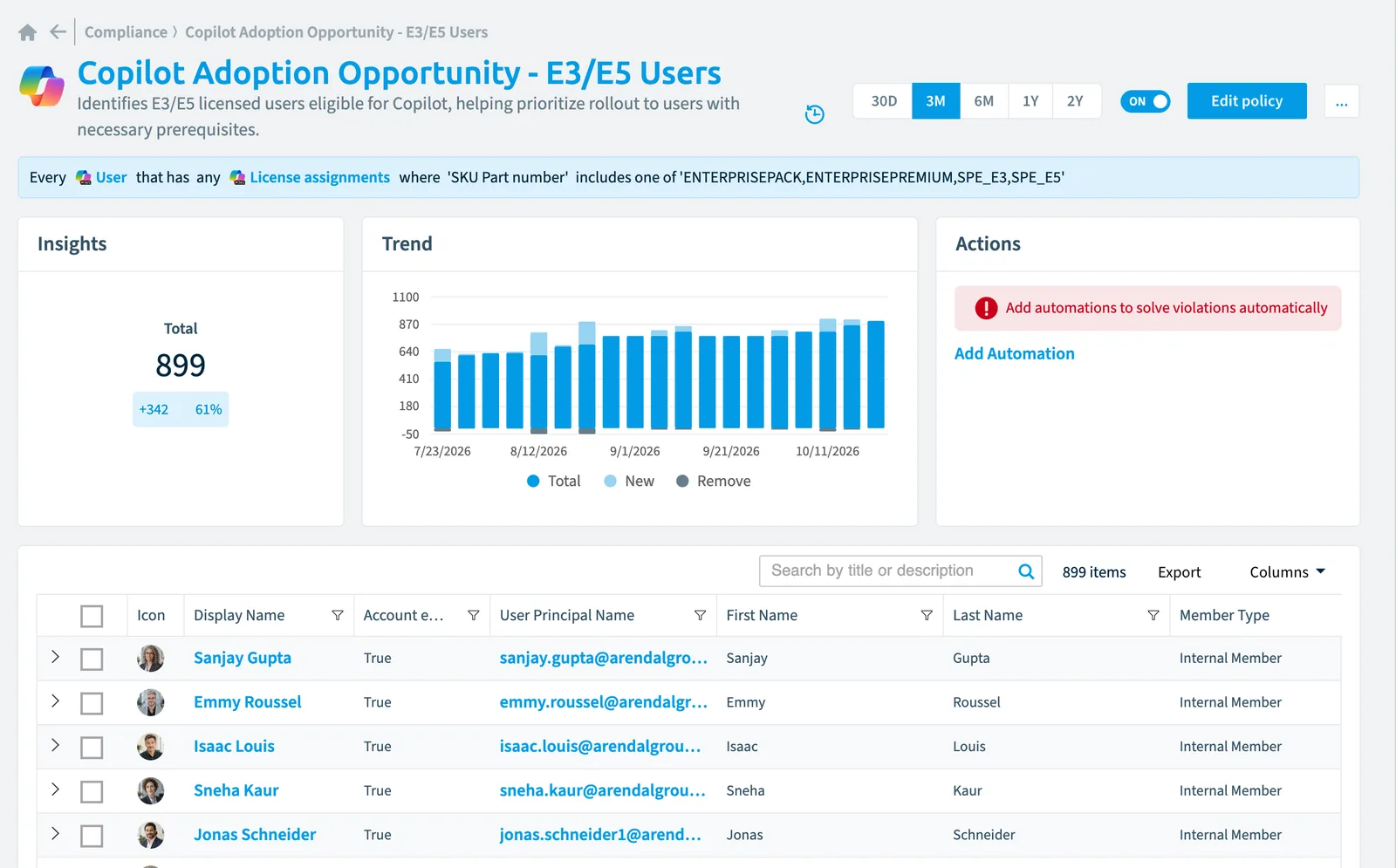 The Copilot adoption opportunity - E3/E5 users policy in Rencore Governance: the rule, its trend and the objects that match it