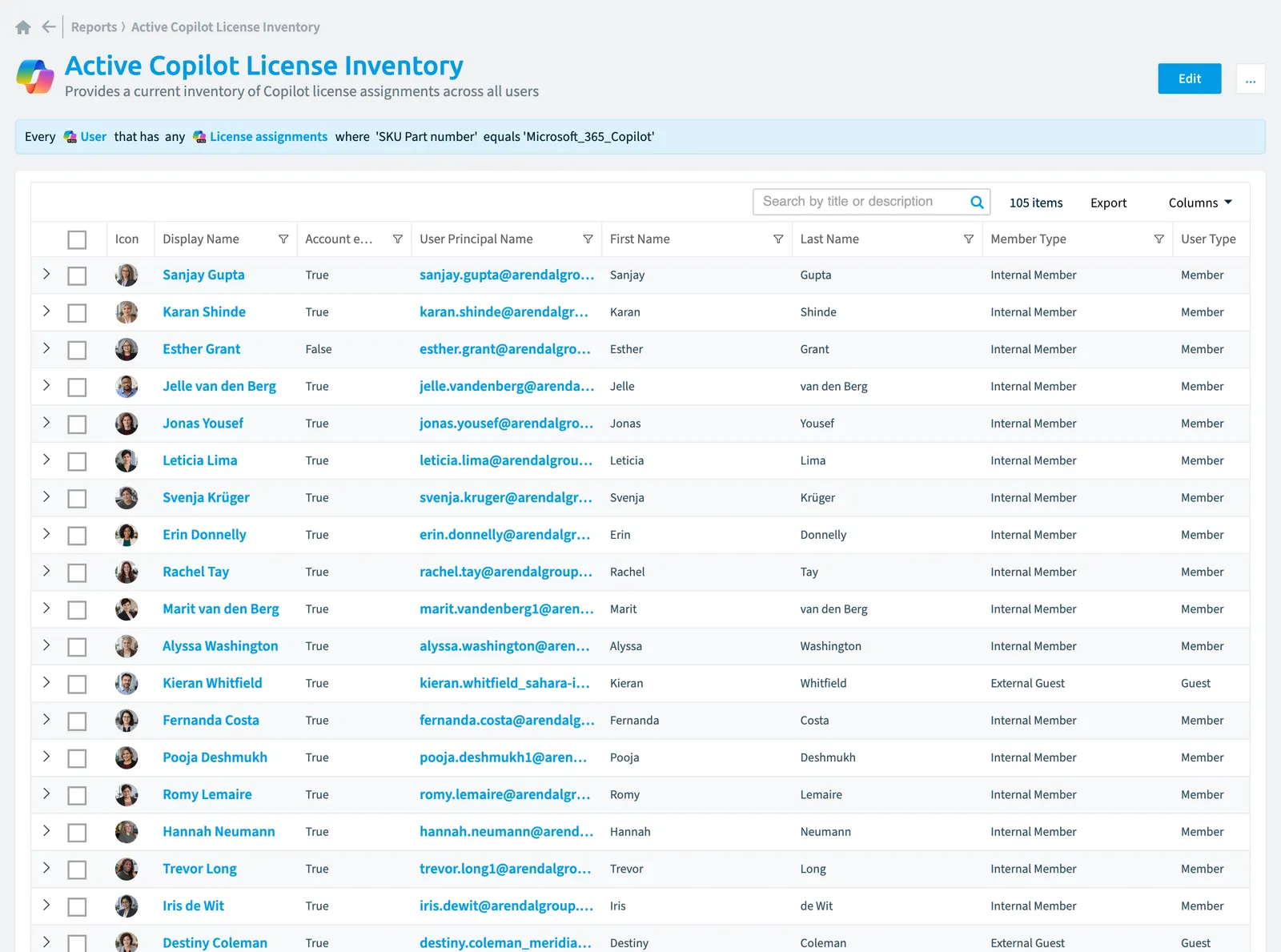 The Active Copilot license inventory report in Rencore Governance: the chart, its values and the objects behind them
