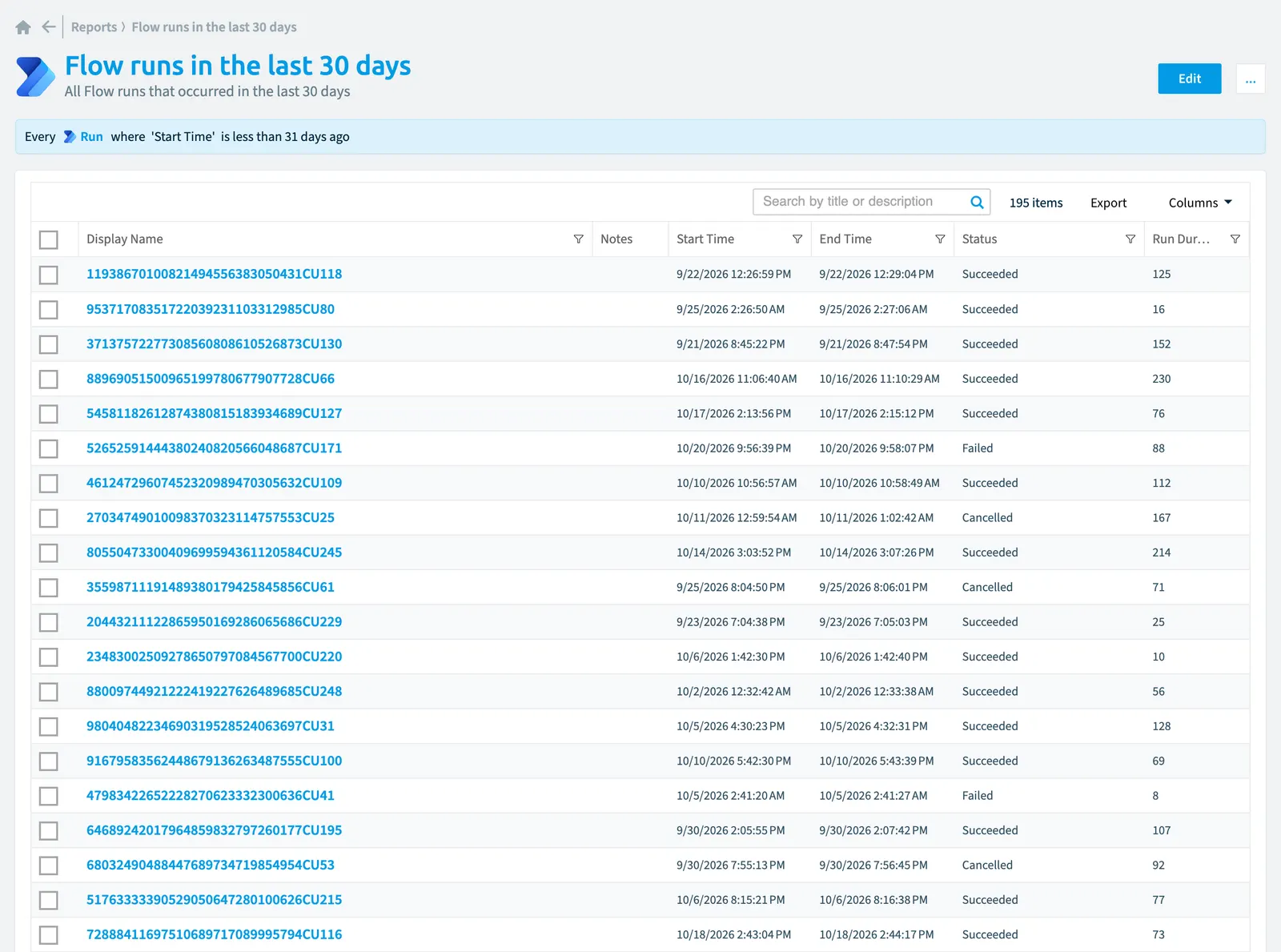 The Flow runs in the last 30 days report in Rencore Governance: the chart, its values and the objects behind them